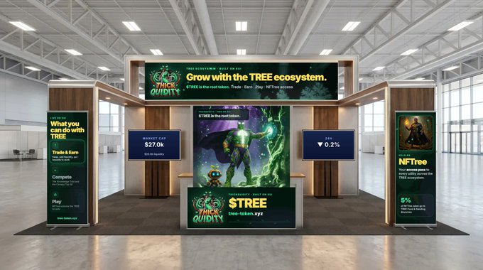 A trade show booth for the 'TREE' ecosystem (tree-token.xyz) displaying a character named $TREE, market cap, and NFT information on a dark green themed display.