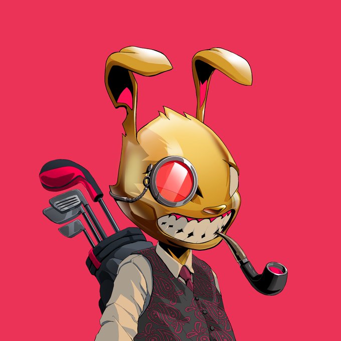 A digital illustration of an anthropomorphic yellow rabbit character with a monocle, a wide toothy grin, a pipe in its mouth, and golf clubs strapped to its back, set against a solid pink background.