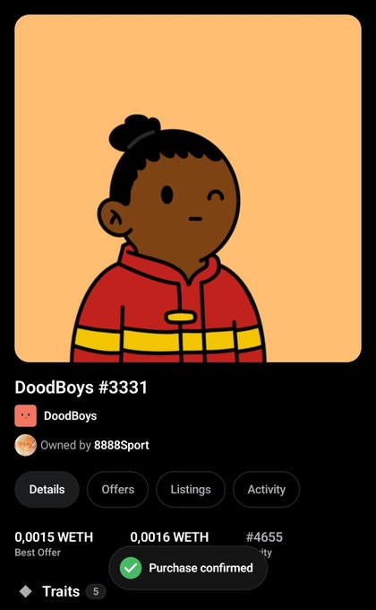 A digital NFT listing for DoodBoys #3331 from the DoodBoys collection owned by 8888Sport, showing a cartoon character in a red and yellow striped hoodie with a purchase confirmation at 0.0016 WETH.