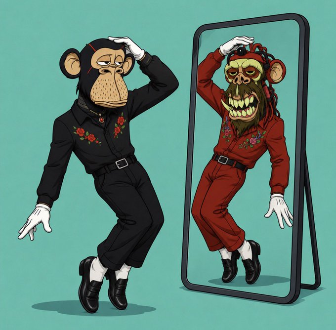 An illustration depicts a monkey dressed in black walking past a mirror, while its reflection shows a menacing, fanged version of the monkey wearing a red jumpsuit.