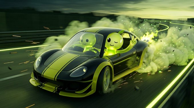 A cartoonish illustration shows two glowing green ghost-like characters with happy expressions riding in a black and yellow sports car that is speeding with green smoke trailing behind it.