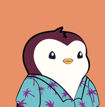A cute illustrated penguin with a white face, dark purple head feathers, and a teal Hawaiian shirt featuring purple palm tree prints smiles against a coral background. The image illustrates the user's enthusiastic NFT trading post, where they swapped a rare Argo I for a new "clean Miami tuft" penguin NFT.