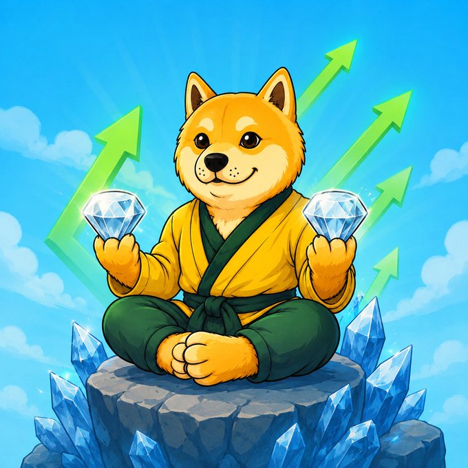 The image features a cartoon dog wearing a yellow robe, sitting atop a rock with two diamonds in its paws. The background of the image shows green arrows pointing upwards, suggesting that the dog has been awake for some time and is now ready to rise again. The caption above the image reads "When Elon wakes up DOGE, the market remembers. It was never only about memes. It was about culture, community and belief. DOGE started it. SHIBA expanded it. HACHIKO continues the legacy."