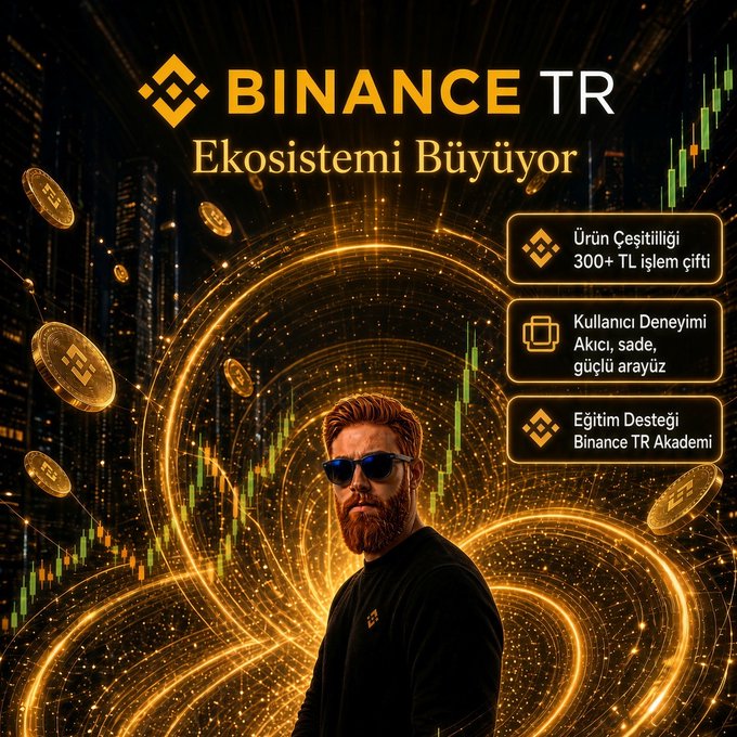The image is a promotional graphic for Binance TR featuring the headline "Ekosistemi Büyüyor" (Ecosystem is Growing) alongside the Binance TR logo, with a bearded man wearing sunglasses against a glowing golden background of cryptocurrency coins and trading charts. Three feature boxes highlight key offerings: "Ürün Çeşitliliği - 300+ TL işlem çifti" (Product Diversity - 300+ TRY trading pairs), "Kullanıcı Deneyimi - Akıcı, sade, güçlü arayüz" (User Experience - Fluid, clean, powerful interface), and "Eğitim Desteği - Binance TR Akademi" (Educational Support - Binance TR Academy). The visual reinforces the post's message about Binance TR expanding beyond a simple buy-sell platform into a comprehensive ecosystem with diverse products, improved UX, and educational resources.