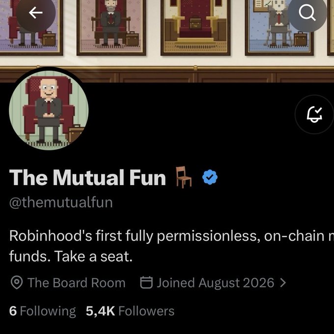 A social media profile screenshot for 'The Mutual Fun' (@themutualfun), describing itself as 'Robinhood's first fully permissionless, on-chain [funds]. Take a seat.'