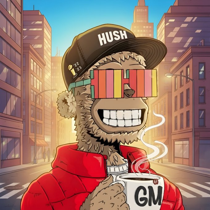 A cartoon-style illustration of a bear character wearing a 'HUSH' cap, colorful 'HUSH' sunglasses, and a red jacket, holding a white mug labeled 'GM' on a city street.