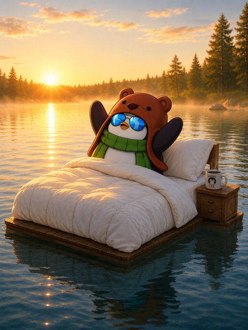 A whimsical 3D-rendered scene shows a penguin wearing a green scarf and a brown bear hat, sleeping peacefully in a fluffy white bed that floats on a tranquil lake at sunrise, with a small wooden nightstand holding a mug beside it.