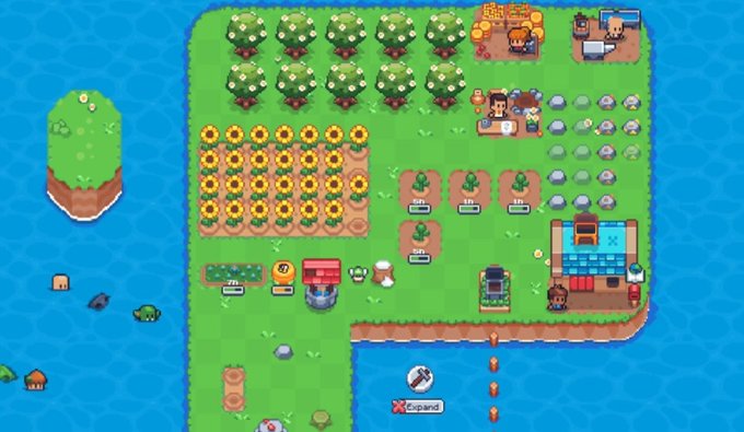 A player celebrates unlocking Petal Island in the farming game 0xSunflowerLand, shown by the expanded green farmland with sunflower crops, fruit trees, a mining area, and various in-game characters and buildings. The island features a "Expand" marker at the bottom edge, indicating further areas waiting to be unlocked.