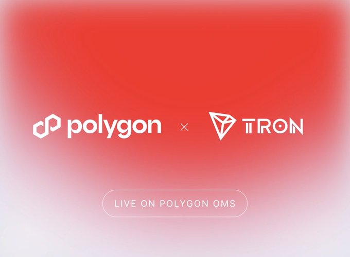 A red and white promotional graphic displaying the logos for 'polygon' and 'TRON' with text 'LIVE ON POLYGON OMS', indicating a partnership announcement.