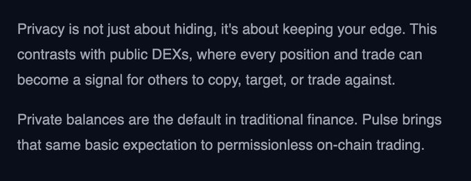 The image shows text discussing how privacy in trading relates to maintaining a competitive edge, contrasting private balances (default in traditional finance) with public DEXs where positions and trades are visible to others. It promotes "Pulse" as bringing private balances to permissionless on-chain trading, aligning with the post's teaser for an upcoming Wednesday reveal.