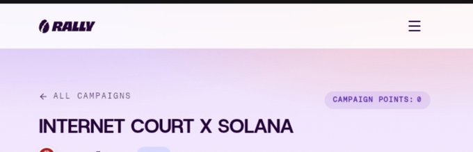 A website header shows the 'RALLY' logo, a navigation menu icon, and a banner for 'ALL CAMPAIGNS' featuring an 'INTERNET COURT X SOLANA' section with 'CAMPAIGN POINTS: 0'.