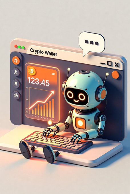 In this image, there is a robot sitting at a computer desk with its arms resting on the keyboard while using the mouse. The robot appears to be an AI assistant designed for cryptocurrency trading or DeFi activities. It has a screen displaying market data and a speech bubble containing information about the current state of the crypto wallet. The post suggests that this AI assistant can help users manage their investments, research market trends, and execute transactions on their behalf.