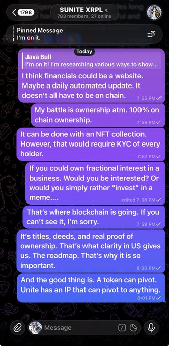 A Telegram chat screenshot in the 'SUNITE XRPL' group (783 members) showing messages from 'Java Bull' discussing tokenomics, NFT collections, and on-chain ownership.