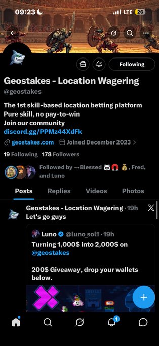 X/Twitter profile for 'Geostakes - Location Wagering' (@geostakes), described as 'The 1st skill-based location betting platform,' with a recent post about turning $1,000 into $2,000 and a 200$ giveaway.