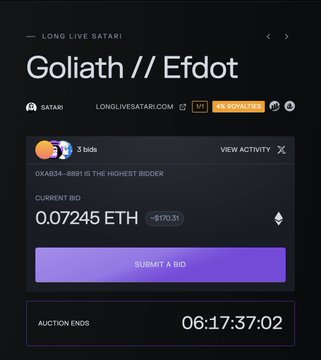 An NFT auction page for 'Goliath // Efdot' on the Long Live Safari platform, showing a current bid of 0.07245 ETH by user 0xA634...8891, with the auction ending in 06:17:37:02 and an option to 'REVEALED'.