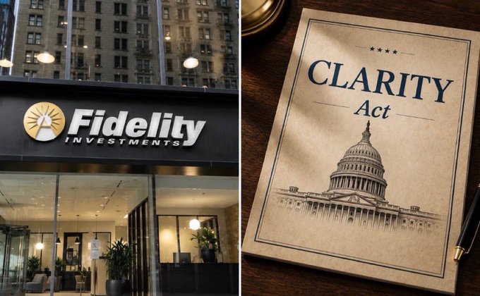 A split image shows the exterior of a 'Fidelity Investments' office on the left and a document titled 'CLARITY Act' featuring the U.S. Capitol building on the right.