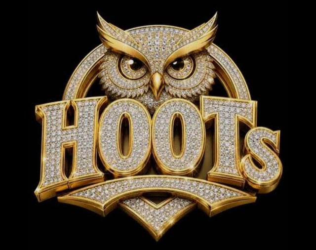 The image features a large, ornate gold owl logo with diamonds set into its feathers. The owl's wings are spread wide open, giving an impression of flight. The word "Hoots" is prominently displayed below the owl design, suggesting that this could be related to a music artist or band named "Hoots". The post also mentions that it is Live Suggested for you, which implies that there might be a live stream or event happening where viewers can interact with the content and potentially share their own experiences.