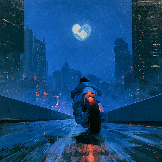 A lone motorcyclist rides through a futuristic, neon-lit city with a glowing heart symbol made of shaking hands in the sky, representing the single chance needed to succeed as indicated by the $CHANCE ticker.