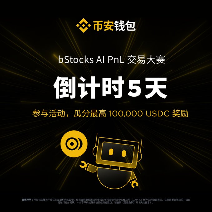 A promotional graphic for the Binance Agentic Wallet's "bStocks AI PnL 交易大赛" (bStocks AI PnL Trading Competition) featuring a countdown of "倒计时 5 天" (5 Days Left) and announcing a "100,000 USDC" prize pool, accompanied by Binance's yellow robot mascot holding a coin.