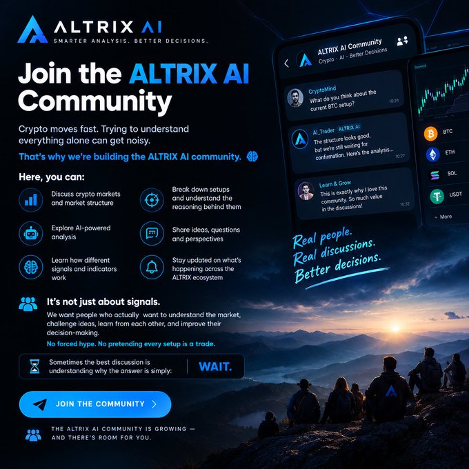 Promotional graphic for the 'ALTRIX AI' community, featuring the tagline 'Smarter Analysis. Better Decisions.' and a 'JOIN THE COMMUNITY' button alongside screenshots of a crypto trading chat app.