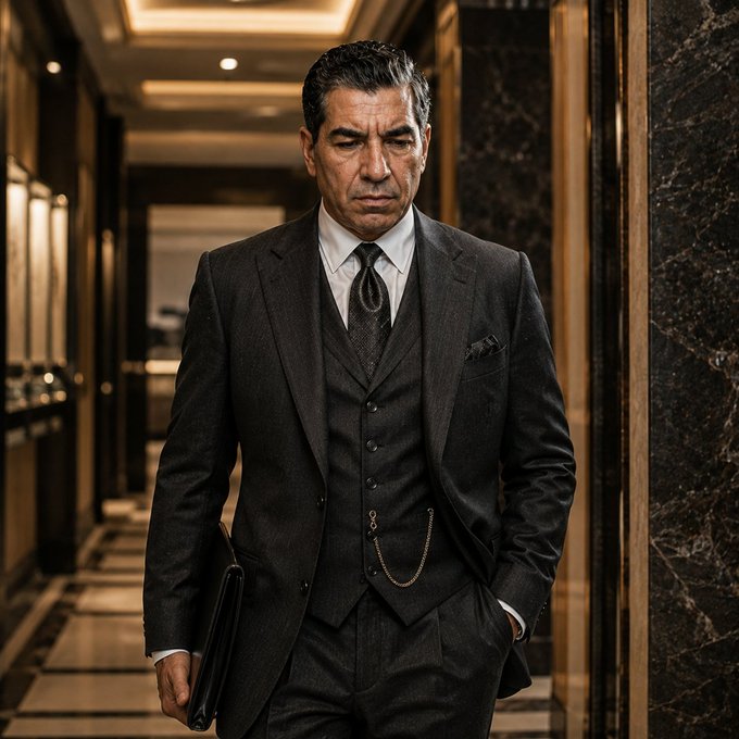 A sharply dressed businessman in a tailored three-piece suit walks through a polished marble hallway, carrying a briefcase with a serious, focused expression. The image pairs with the message of personal growth, reinforcing that consistent effort and refined presentation lead to better opportunities and progress.
