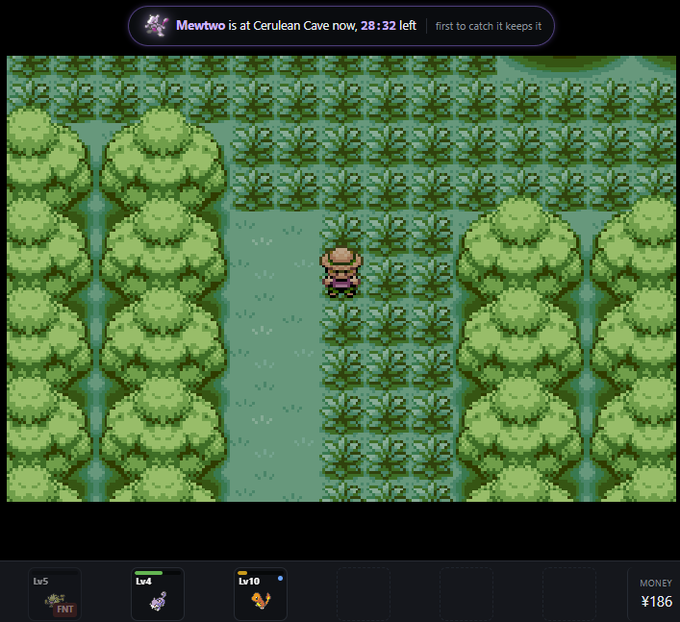 A pixel-art style video game screenshot showing a character in a forest, with a notification at the top reading "Mewtwo is at Cerulean Cave now, 28:32 left" and the player's inventory and money (¥186) displayed at the bottom.