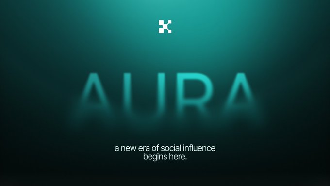 Aura Arc launch teaser featuring a stylized "X" logo and the word "AURA" glowing in teal against a dark background, with the tagline "a new era of social influence begins here." The atmospheric design introduces the new social graph platform aimed at capturing influence across frontier tech and finance.