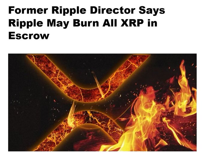 The image shows the Ripple (XRP) logo engulfed in flames, visually representing the headline "Former Ripple Director Says Ripple May Burn All XRP in Escrow." This relates to the accompanying post's rumour of a massive 38.15 billion XRP burn potentially causing a supply shock.