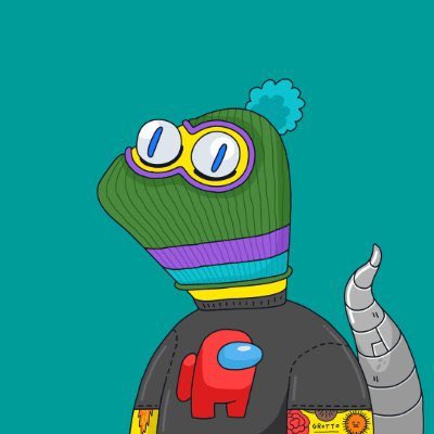 A green Among Us-style character wears ski goggles, a striped beanie with a pom-pom, and a shirt featuring a red "Among Us" crewmate silhouette, with the artist signature "Britta" visible at the bottom. The illustration relates to the post by serving as artwork for the @creepz NFT collection, a PFP project inspired by the viral green worm character.