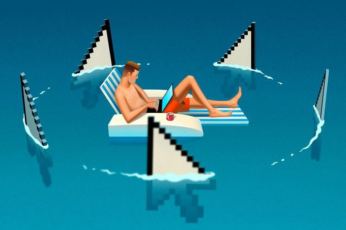 An illustration shows a man in red swim trunks relaxing on a striped lounge chair, using a laptop while surrounded by shark fins circling in the blue water.