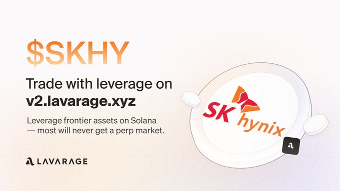 Promotional banner for $SKHY on v2.lavarage.xyz advertising leveraged trading of frontier assets on Solana, featuring the SK hynix logo alongside the Lavarage brand.
