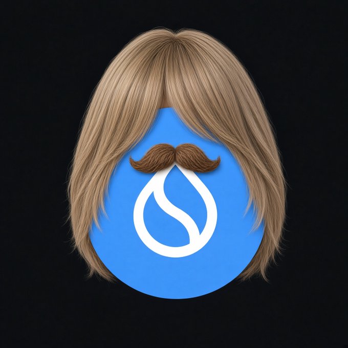 A stylized image featuring the blue water drop logo of the Steam app, humorously edited with a blonde wig and a brown mustache on a black background.