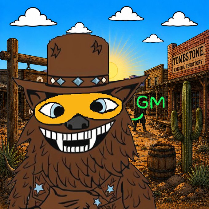 A cartoon illustration of a furry character wearing a cowboy hat with an eyepatch in a Tombstone, Arizona Territory Wild West setting, saying 'GM' (Good Morning).