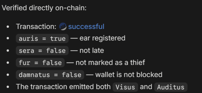 Dark-themed text graphic showing on-chain verification with bullet points listing 'Transaction: successful', 'auris = true', 'sera = false', 'fur = false', 'damnatus = false', and a note about emitting both Visus and Audit us.