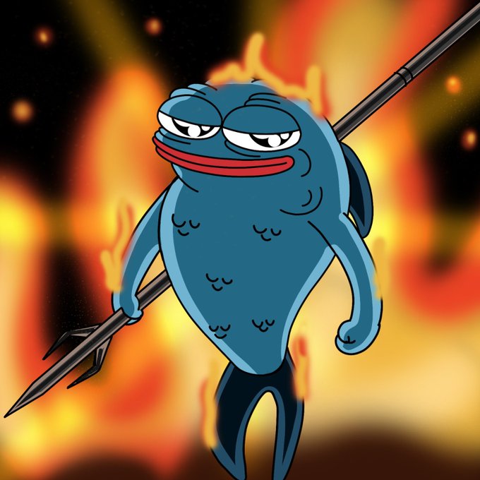 A smug, muscular blue fish character wields a trident amidst a fiery backdrop, channeling a devilish, dominant energy that fits the menacing "It's time" caption—suggesting an imminent, triumphant declaration.