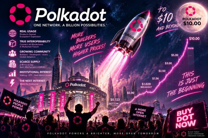 A promotional graphic for 'Polkadot' cryptocurrency featuring a rocket launch, futuristic cityscape, crowd with signs like 'BUY DOT NOW', and price targets 'TO $10 AND BEYOND!' with text such as 'MORE BUILDERS MORE USERS HIGHER PRICES' and 'THIS IS JUST THE BEGINNING'.