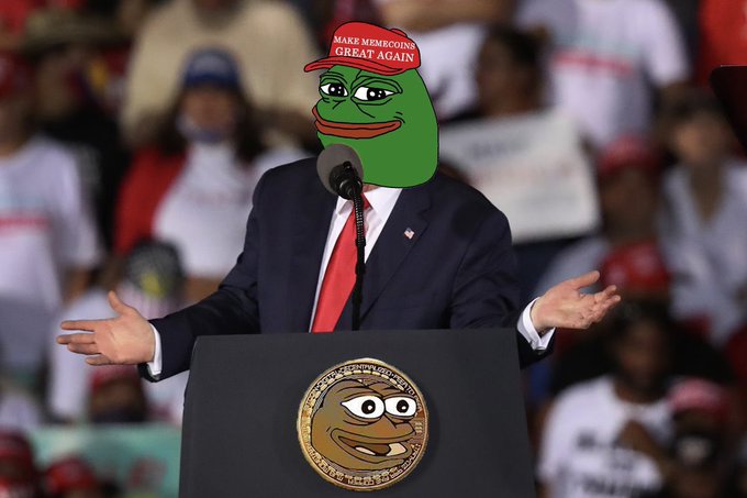 A political meme showing Donald Trump at a podium with his face replaced by Pepe the Frog wearing a red 'MAKE MEMECOINS GREAT AGAIN' hat, in front of a crowd.