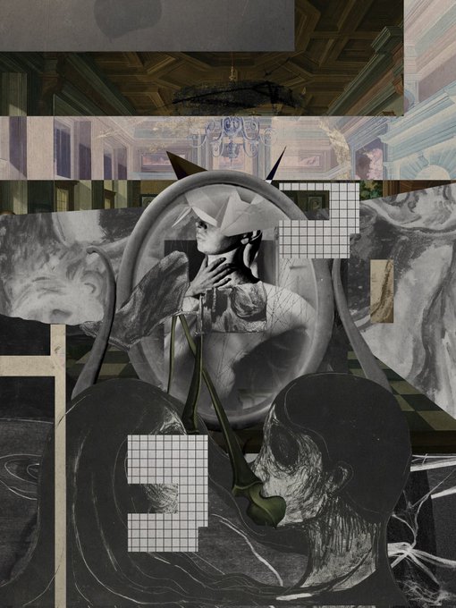 The image is a digital collage featuring an abstract composition of various elements, including a person's face, a chair, and other objects such as a clock and a chandelier. The collage appears to be a piece of art or a creative project that has been edited into a single image. The post reads: "Discrete xtz".