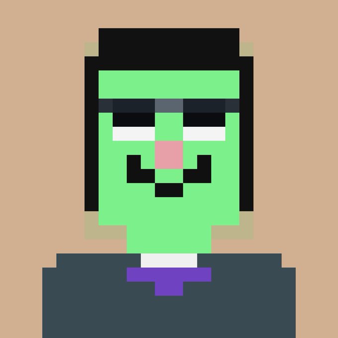 A pixel art portrait of a green-skinned character with black hair, wearing a dark suit jacket and purple tie, with white eyes and a pink nose.