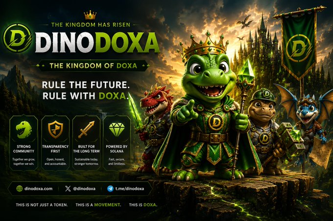 A promotional graphic for 'DinoDoxa - The Kingdom of Doxa' featuring a green cartoon dinosaur king and other dino characters, with the tagline 'Rule the Future. Rule with DOXA.' and website dinodoxa.com.