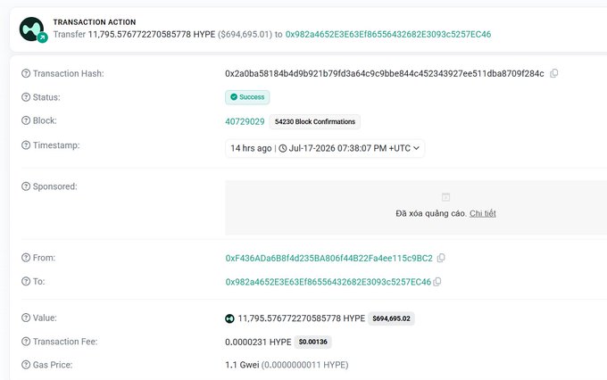 A blockchain transaction record showing a successful transfer of 11,795.576772270585778 HYPE ($694,695.01) with status marked 'Success'.