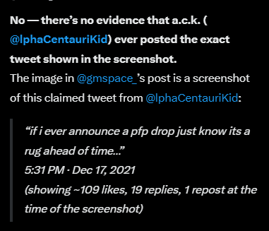A screenshot of a tweet responding to @gmspace_, stating there is no evidence @IphaCentauriKid ever posted the exact tweet shown, displaying a claimed tweet that reads 'if i ever announce a pfp drop just know its a rug ahead of time.' from 5:31 PM - Dec 17, 2021.