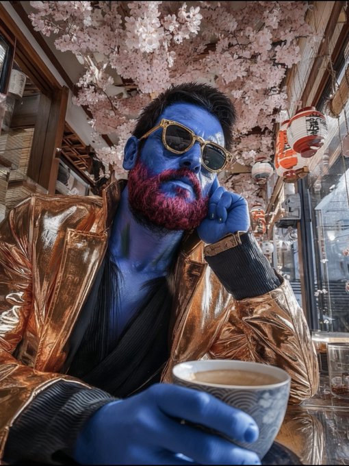 The image features a man with blue hair wearing a gold jacket, holding a cup of coffee while sitting at a table indoors. The background includes a window that allows natural light into the room, creating an inviting atmosphere for the scene.