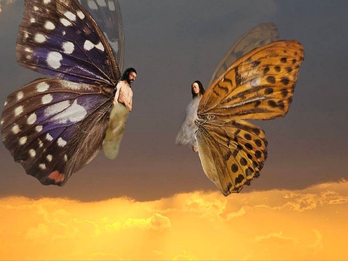 A surreal digital artwork depicting two people with large butterfly wings facing each other against a sunset sky with orange and purple clouds.
