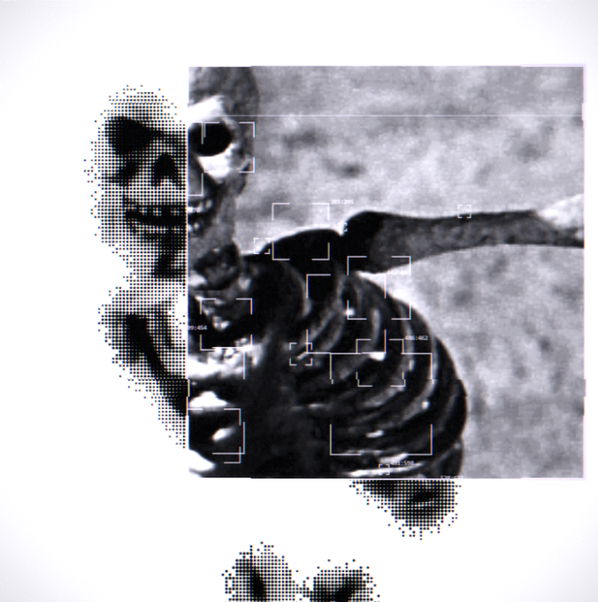 A stylized black and white image with a halftone dot effect on the left showing a face, and an inverted, grainy image of a person holding something on the right with targeting reticle overlays.