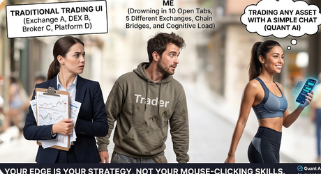 A meme comparing trading interfaces: a stressed 'TRADITIONAL TRADING UI' woman representing Exchange A, DEX B, Broker C, Platform D; a 'Trader' man representing 'ME' drowning in 10 Open Tabs and 5 different Exchanges, Chain Bridges, and Cognitive Load; and a happy woman representing 'TRADING ANY ASSET WITH A SIMPLE CHAT (QUANT AI)', with text 'YOUR EDGE IS YOUR STRATEGY, NOT YOUR MOUSE-CLICKING SKILLS.'