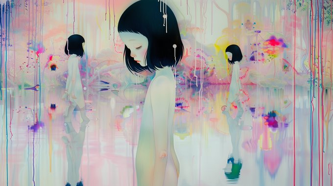 A stylized digital illustration showing three figures of a girl with a short black bob haircut in various states, set against a dreamy pastel background with colorful paint splatters and drips.