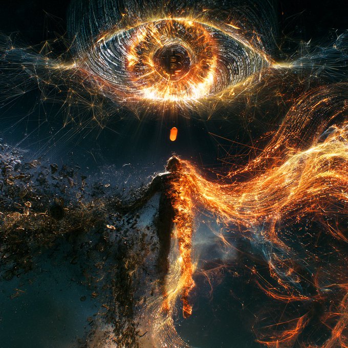 A dramatic digital artwork depicting a fiery, cosmic figure with a Bitcoin symbol embedded in an eye-like structure at the top, with the figure appearing to dissolve into particles and flames.