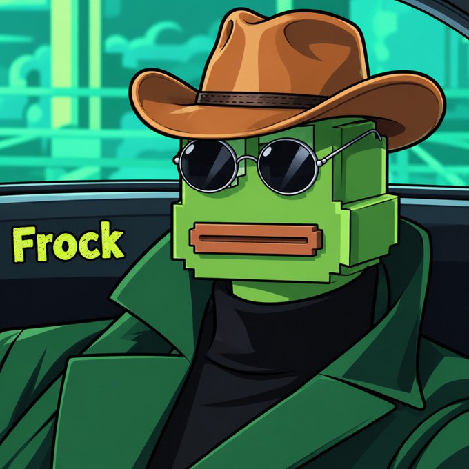 A cartoon illustration of a green blocky character wearing a brown cowboy hat and round sunglasses, with the text 'Frock' displayed in yellow.