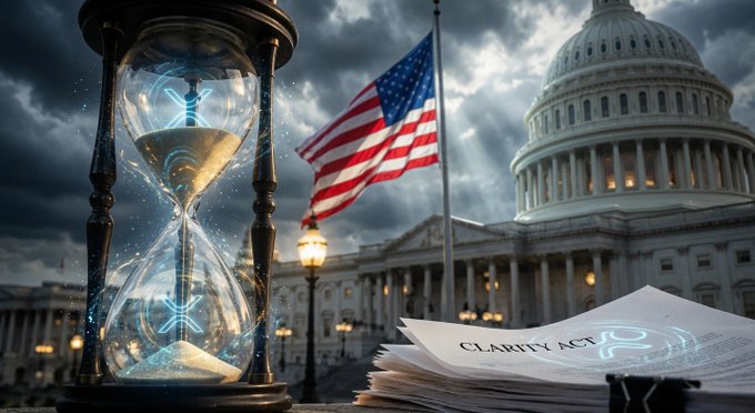 An ornate hourglass with glowing blue markings stands in the foreground against the U.S. Capitol building and American flag, with documents labeled "CLARITY ACT" stacked beside it—visually reinforcing the post's revelation that the CLARITY Act has been passed in 2027.